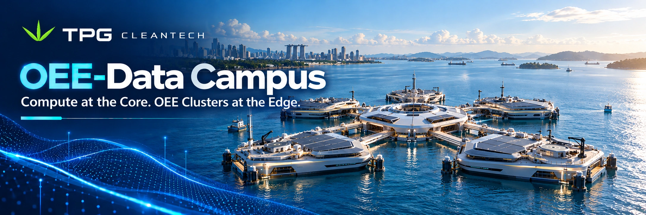 OEE-Data Campus concept visual showing a central nearshore compute campus with OEE Clusters at the edge